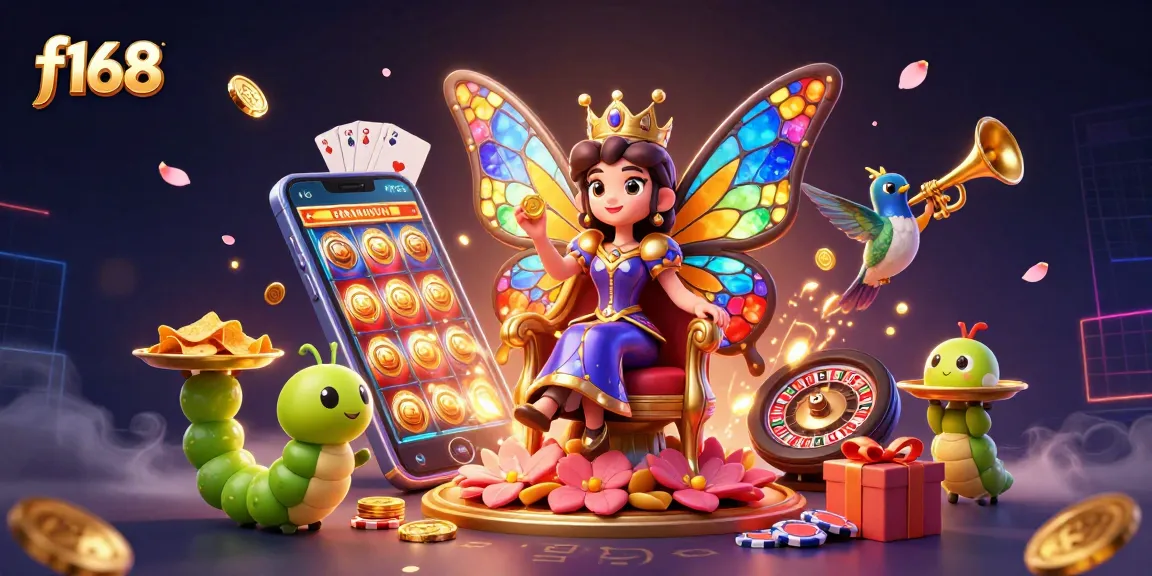 Engage with f168 at this vibrant 3D casino illustration showcasing a colorful butterfly queen, chips, and dynamic gaming elements.
