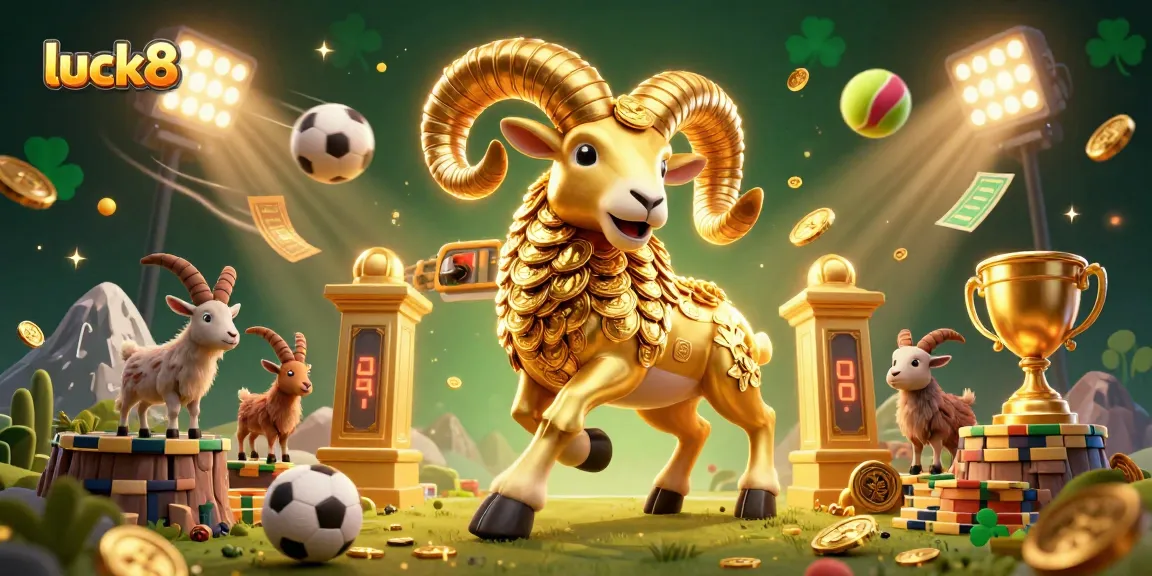 Experience luck8 with an engaging golden ram charging through a casino scene with dynamic sports elements.