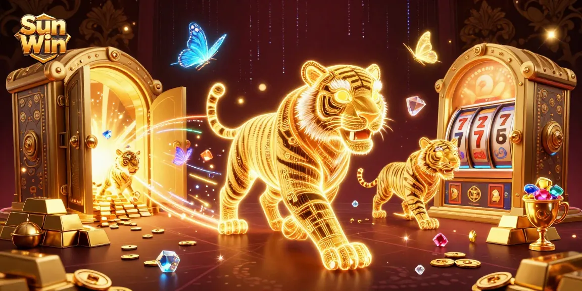 Experience thrilling casino action with Sun Win in a vibrant 3D illustration featuring golden elements and games.