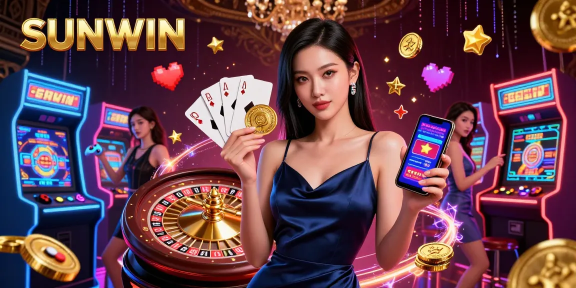 SUNWIN showcases a stunning Asian woman in a casino setting with a smartphone and golden chip.