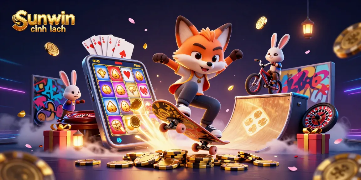 Experience the thrill of sunwin chính hãng with a vivid 3D illustration featuring playful characters and dynamic casino elements.