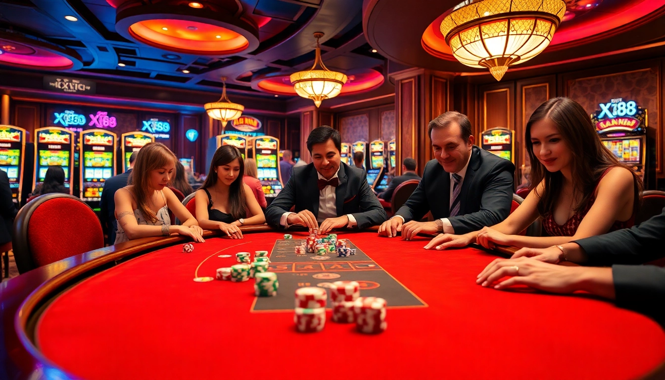 People enjoying poker and slots at XX88 casino, showcasing excitement and luxury in gambling.