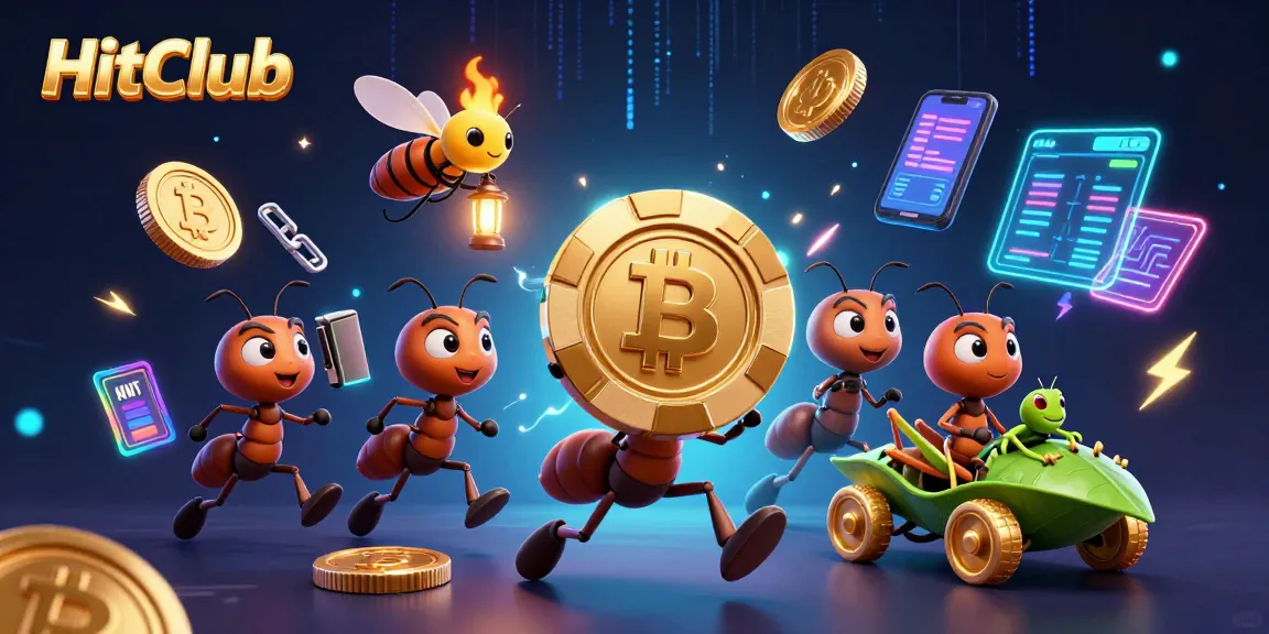 HitClub showcases a thrilling heist scene with cartoon ants and crypto coins, emphasizing online gaming fun.