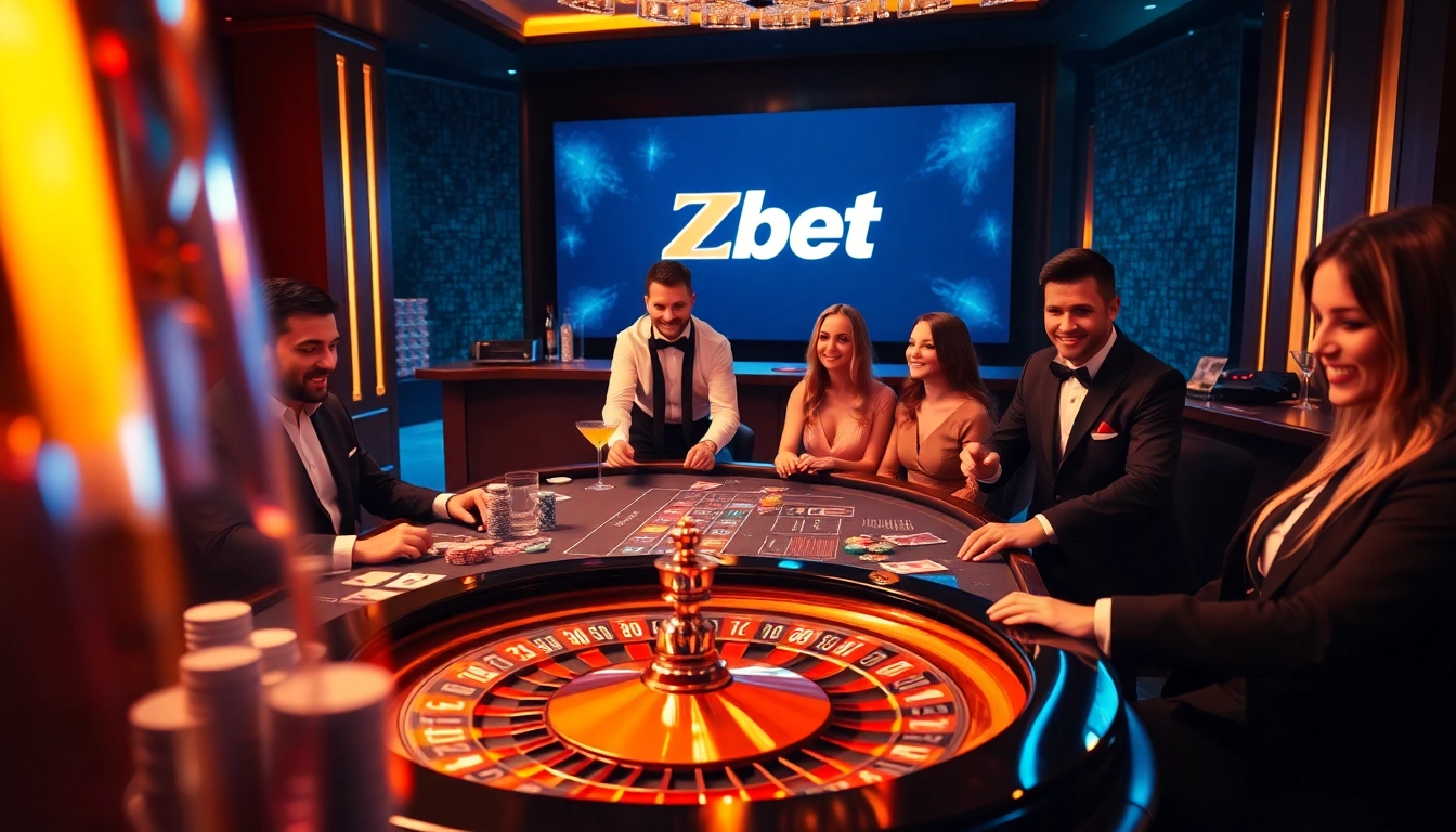 Zbet players engaging in thrilling casino games at a luxury table filled with colorful chips and cards.