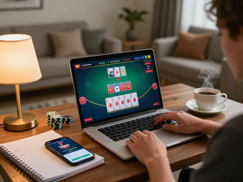 Playing live blackjack on the 789club app with cozy home setup and strategic notes visible
