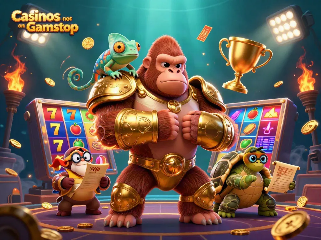 Experience thrilling gameplay at Casinos not on Gamstop in this vibrant scene with characters and slot game elements.