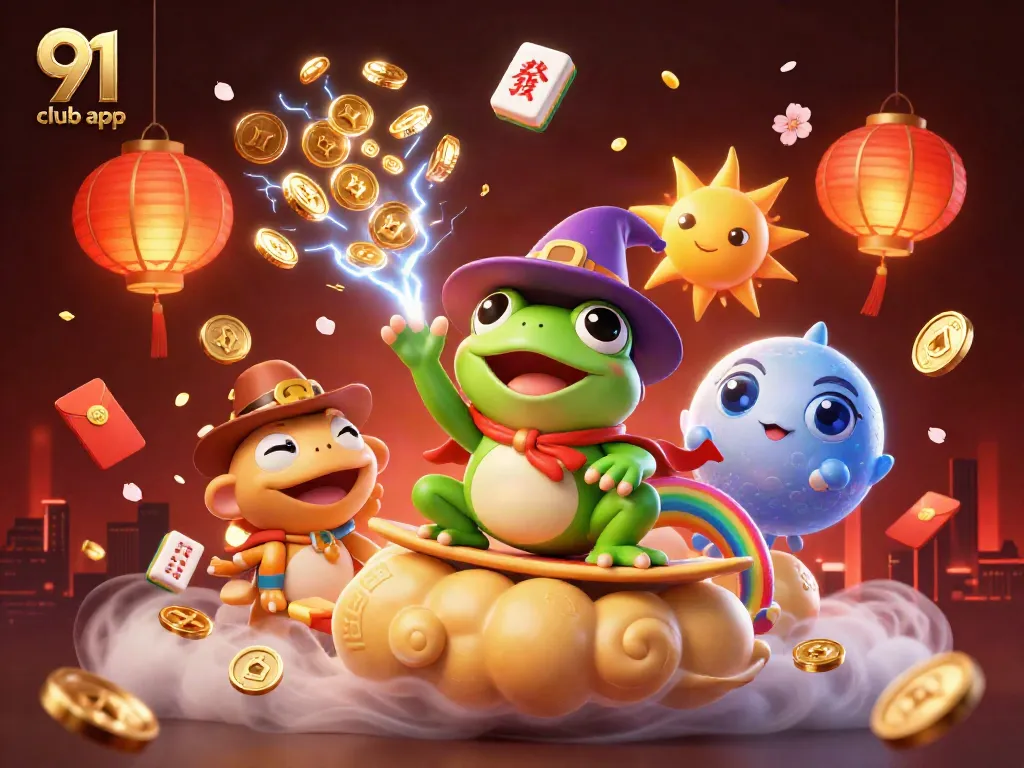 Engage with 91 club app through a vibrant scene featuring a weather wizard frog and rainbow chameleon amidst a storm of coins.