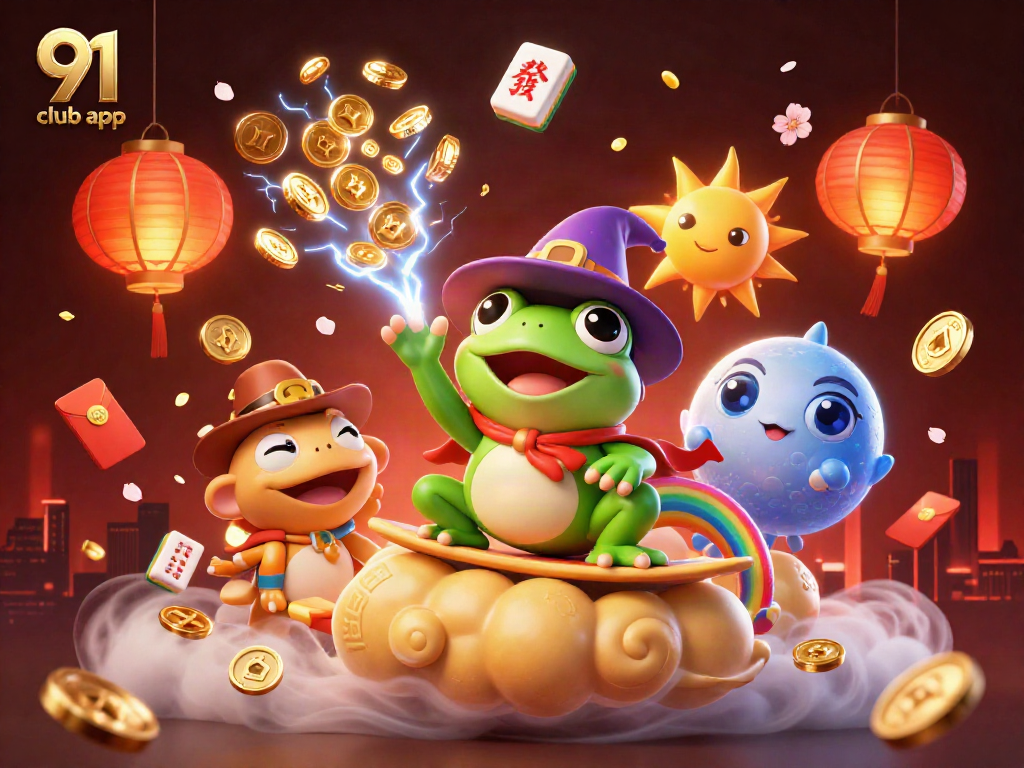 Engage with 91 club app through a vibrant scene featuring a weather wizard frog and rainbow chameleon amidst a storm of coins.
