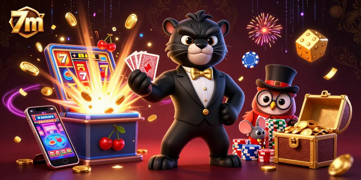 Experience the thrill of 7m with an exciting casino scene featuring characters playing cards and celebrating a jackpot.