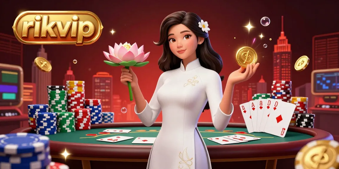 Engage in thrilling gaming experiences at rikvip, featuring an elegant woman in a dynamic casino scene surrounded by poker chips and cards.