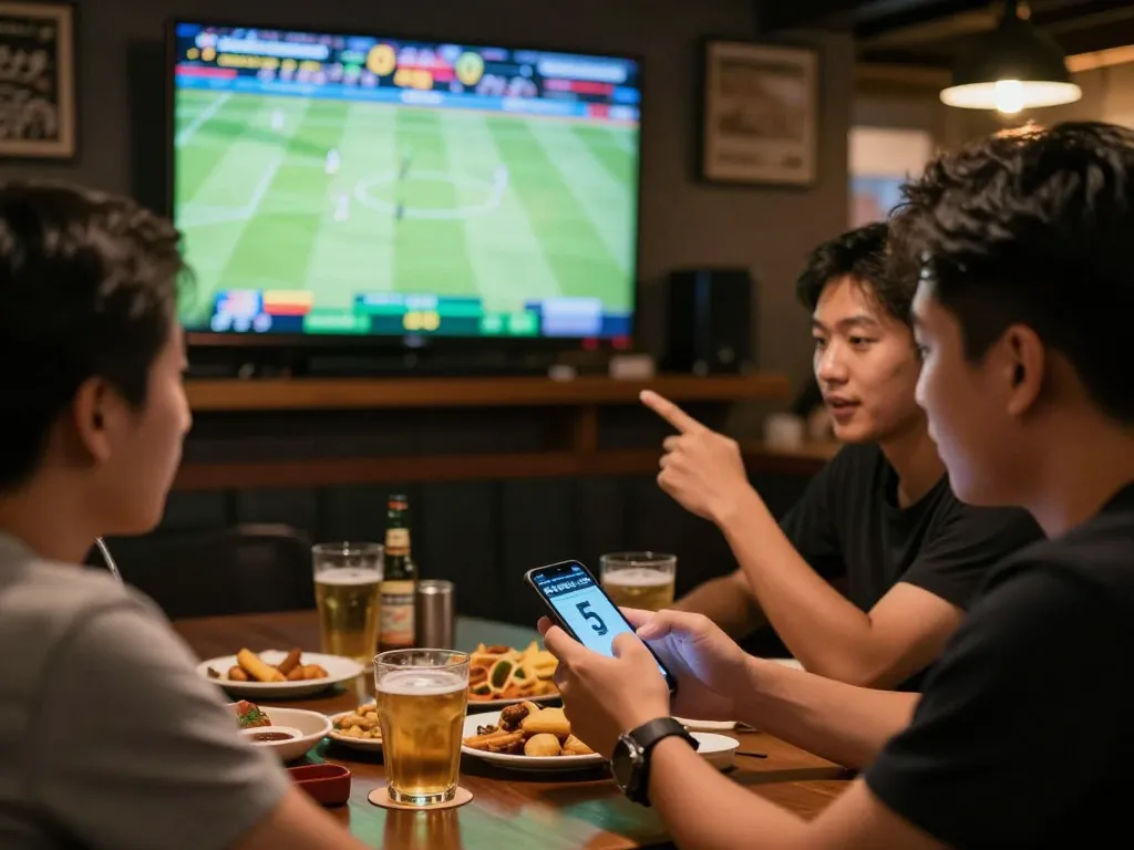Kèo nhà cái 5 live betting analysis in action at a sports bar with engaged fans.
