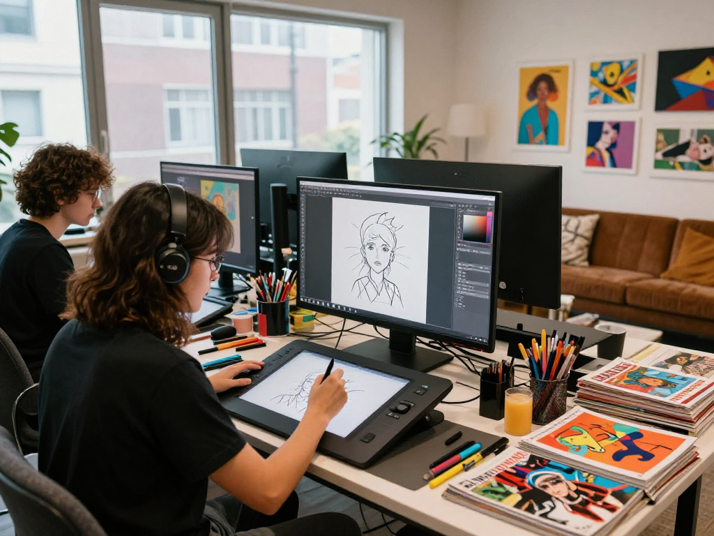 Creative studio for NSFW digital illustration project, artist passionately designing art
