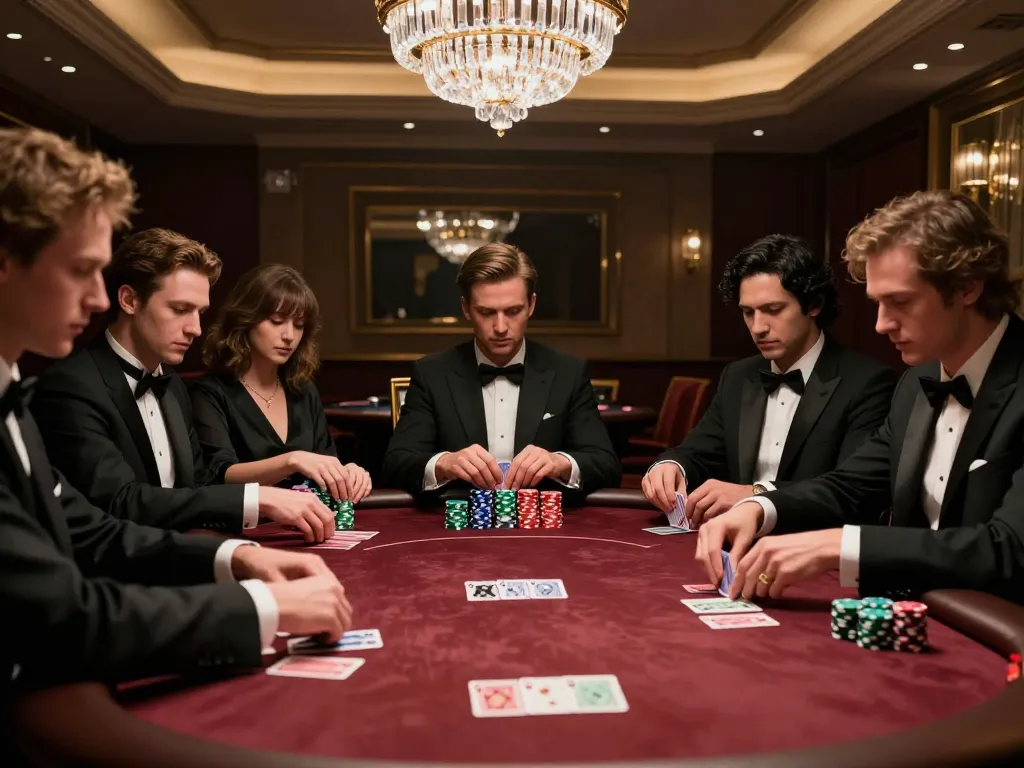 Players engaging in a high-stakes poker game in a VIP room, showcasing strategic gameplay at https://f168.tech/ with a luxurious backdrop.