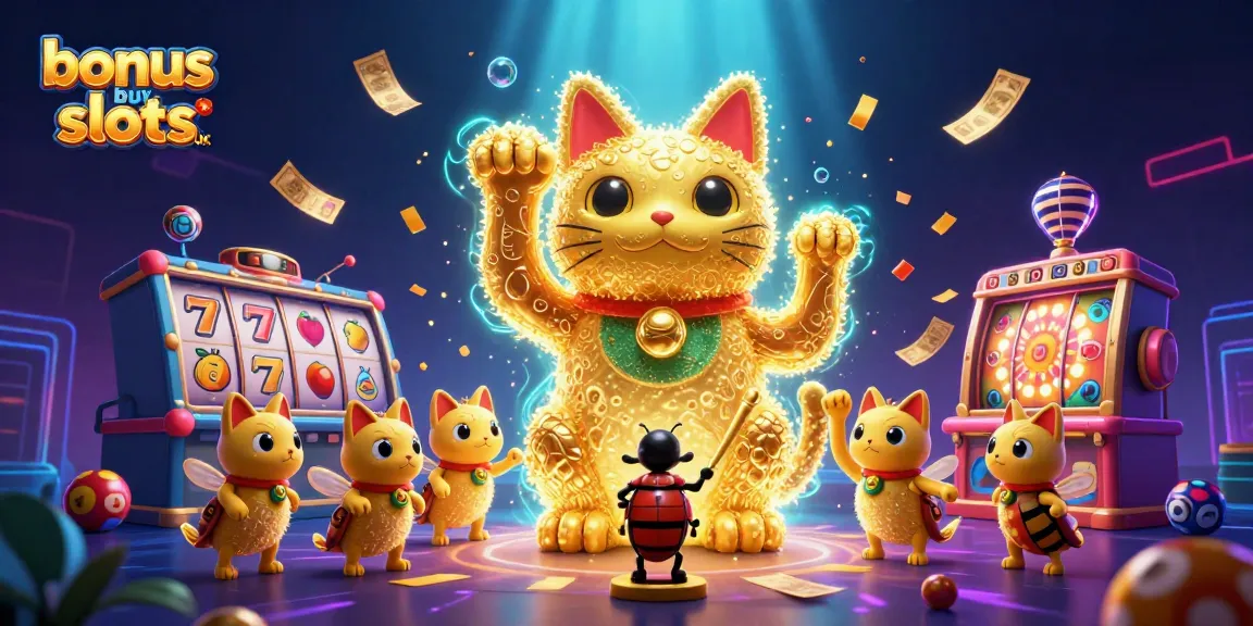 Engage with bonus buy slots uk featuring a lively lucky cat and vibrant slot symbols.