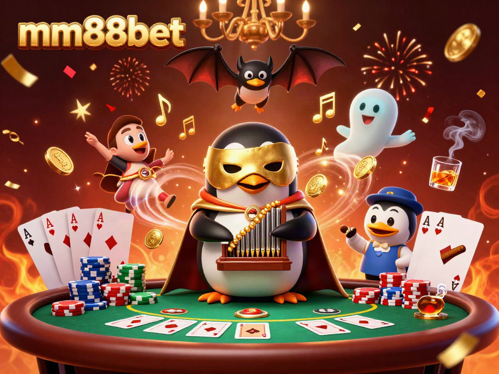 Engage with mm88bet as a penguin plays a magical organ, launching golden coins and vibrant poker elements.