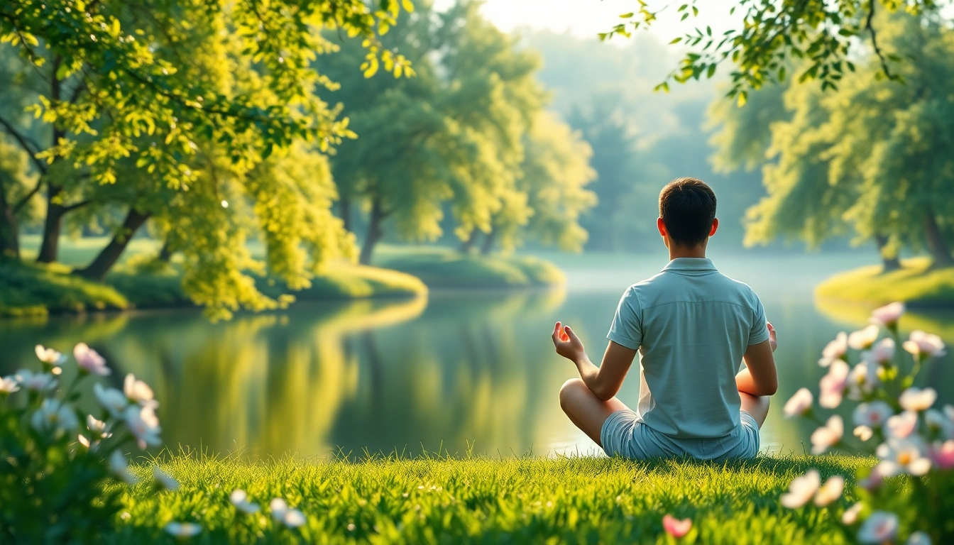 Meditation scene emphasizing mental wellness with serene lake and lush nature.