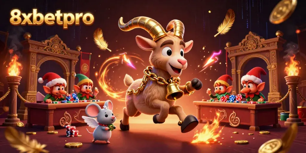 Experience the thrill at 8xbetpro's casino with Krampus goat and vibrant gaming elements.
