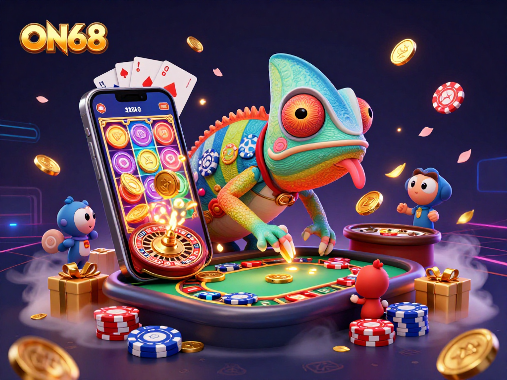 Experience the excitement of ON68 with 3D casino elements and a dynamic chameleon character.