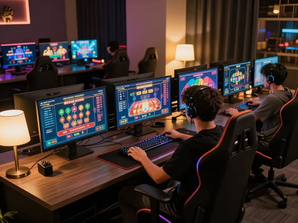 1gom user engaged in exciting online casino gameplay on multiple screens, showcasing high-stakes action