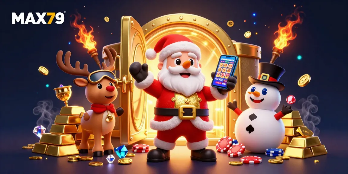Experience the thrill of winning at MAX79 with Santa, his reindeer, and a snowman in a vibrant casino setting.