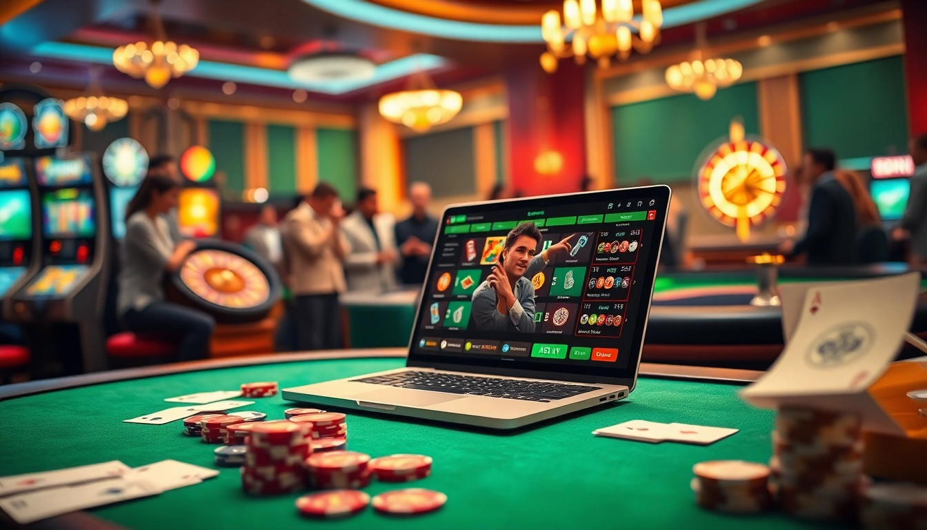Experience the excitement of QQ88 online with a vibrant casino scene featuring cards, chips, and gaming interfaces.