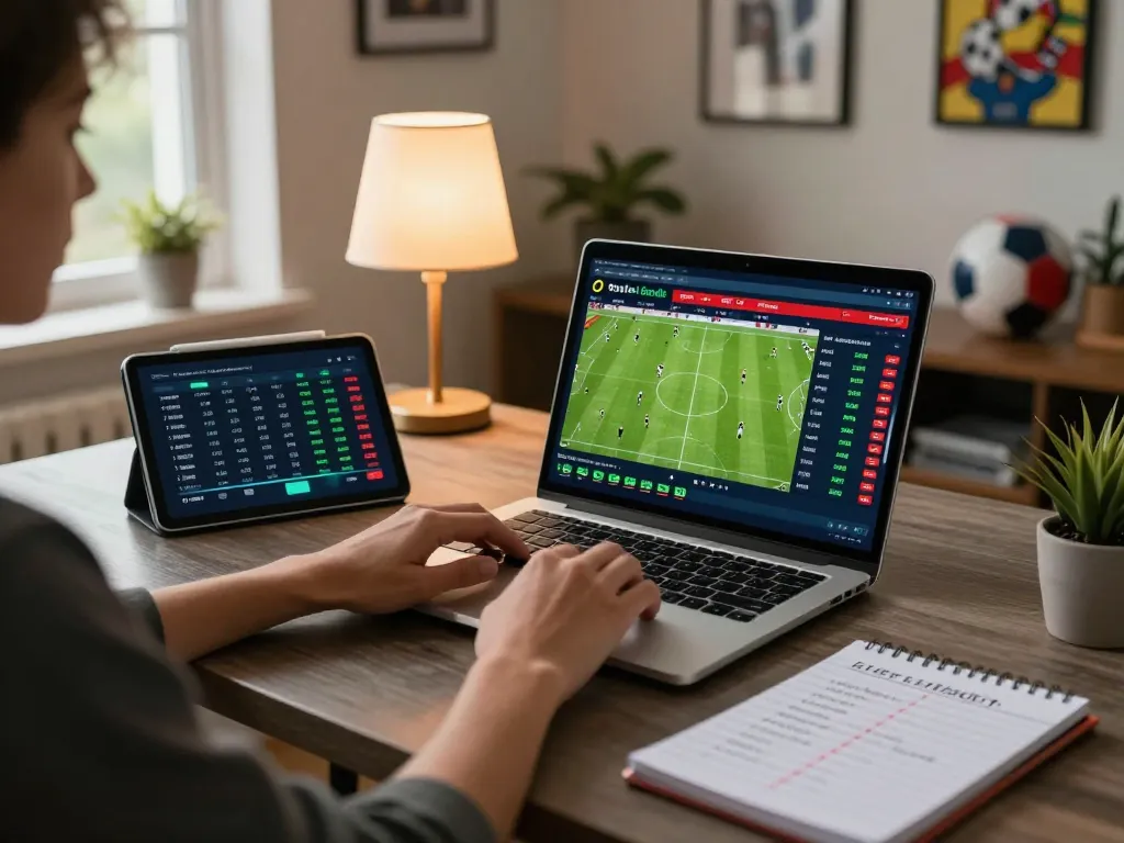Engaged user analyzing Keonhacai5 betting odds on laptop during a sports match.