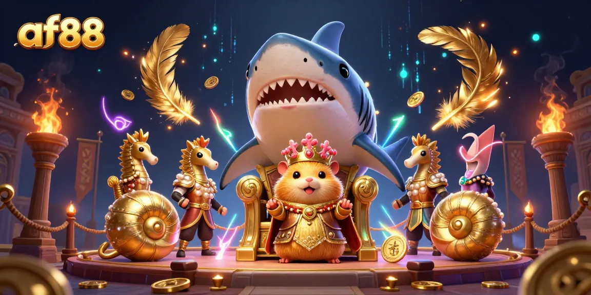 af88 engages players with a dynamic casino scene featuring a hamster king surrounded by treasures.
