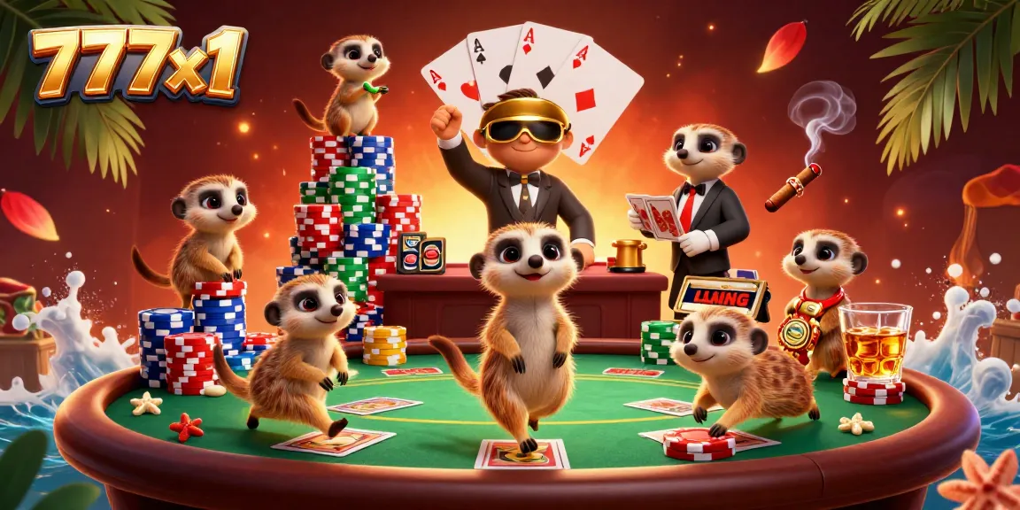 Win big at 777x1 with meerkats managing an exciting casino scene filled with poker elements.