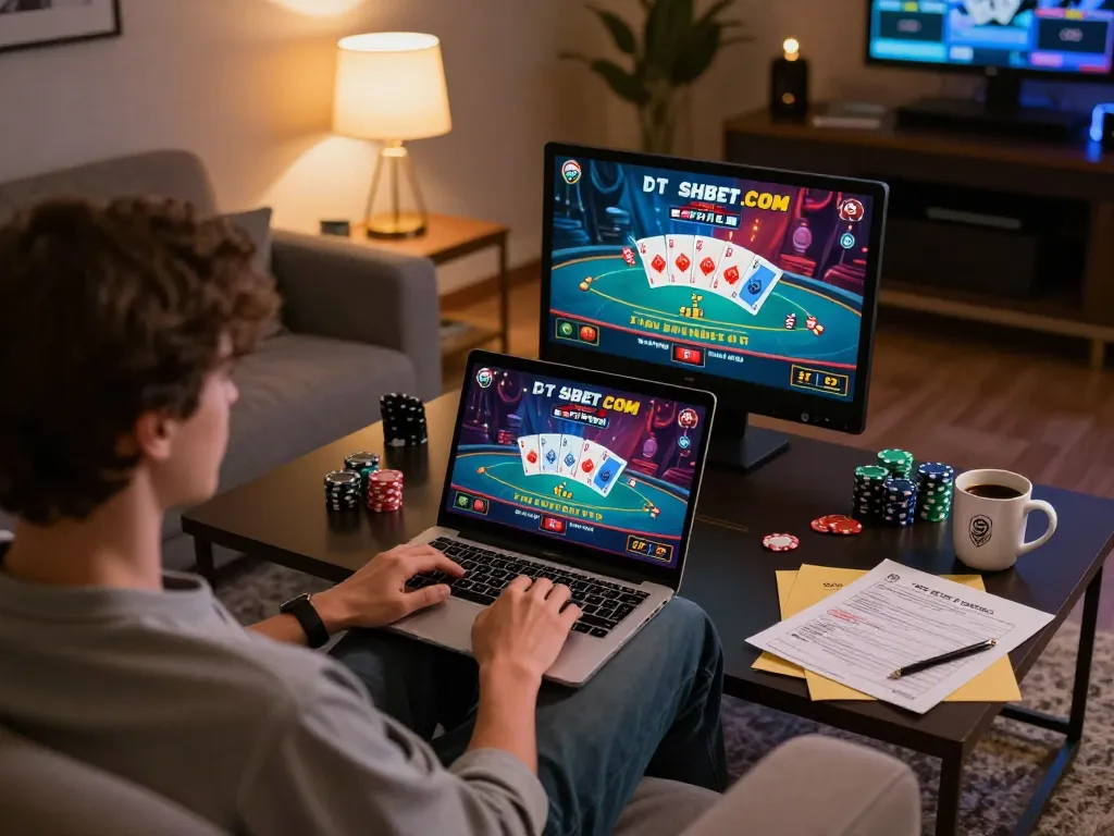 Engaging in exciting online games on SHBET .COM from a cozy home setup, featuring colorful poker cards and chips