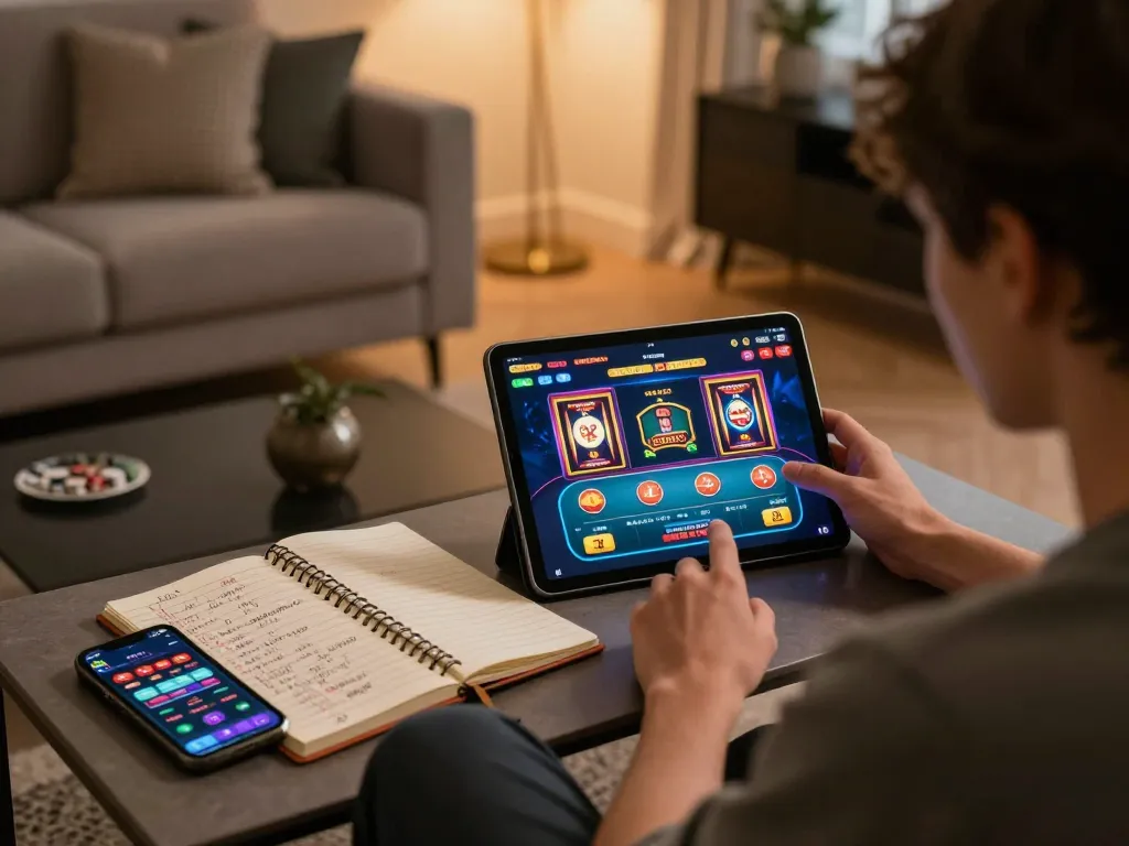 Alo789 user enjoying an engaging online casino game on a tablet while tracking betting strategies in a cozy home setting.