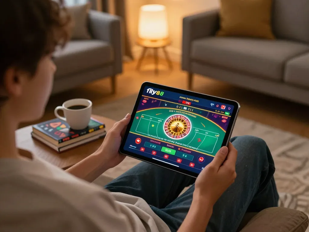Player enjoying fly88 app for online casino gaming at home, showcasing vibrant roulette game.