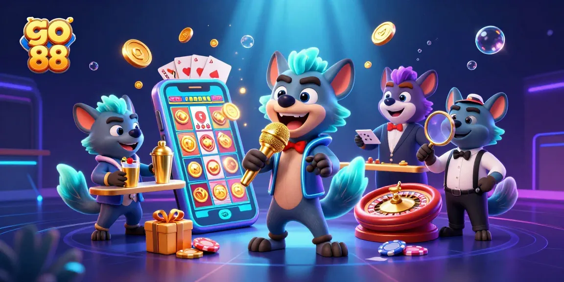 Engage with go 88 in this vibrant casino scene featuring hyenas in a comedy club.