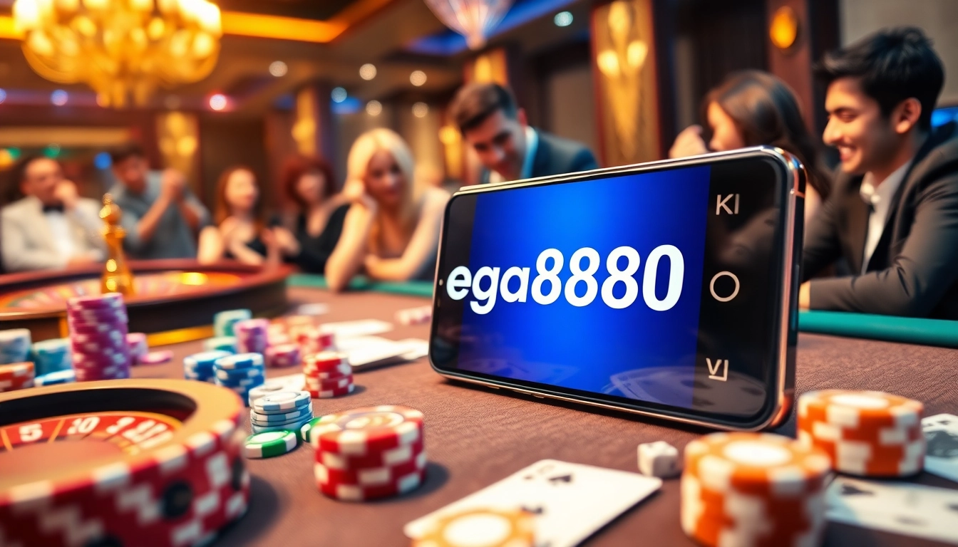 Experience thrilling gameplay with mega888.apk on a stylish mobile device amidst a vibrant casino scene.