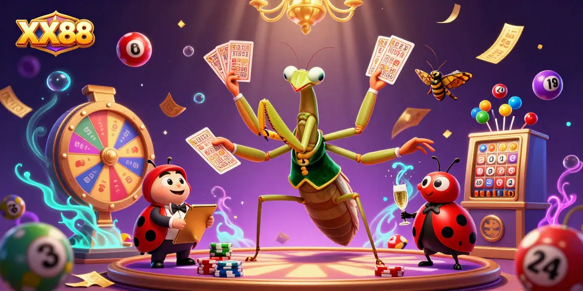 Experience the vibrant world of XX88 as a mantis card sharp and ladybug pit boss create excitement at a casino.