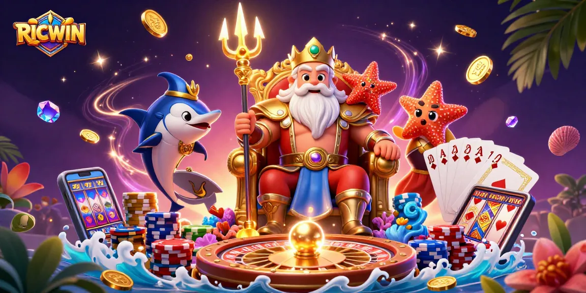 Experience RICWIN with a vibrant 3D illustration of Neptune, tokens, and a spinning roulette wheel.