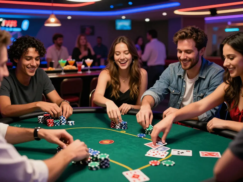 Group enjoying games at https://rikbet.in.net/ poker table with colorful chips and exciting atmosphere.