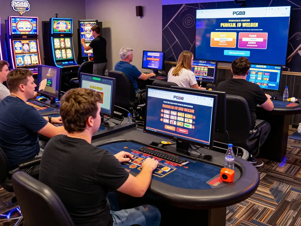Players enjoying a vibrant online gaming experience at PG88, featuring slot machines and promotions.