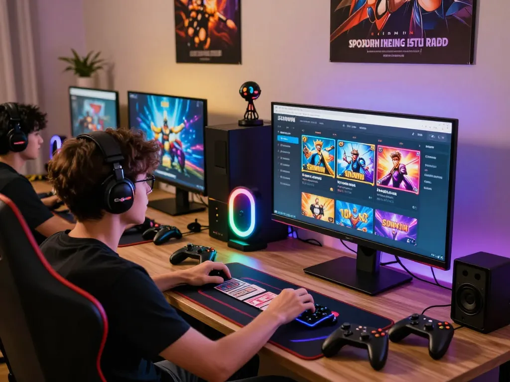 Engaging user experience while tải sunwin on a vibrant gaming setup featuring colorful LED lights and gaming paraphernalia.
