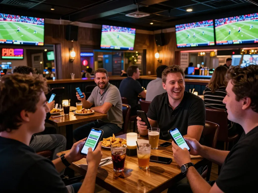 Soi keo nha cai in action as excited sports fans analyze odds on their smartphones in a vibrant sports bar.