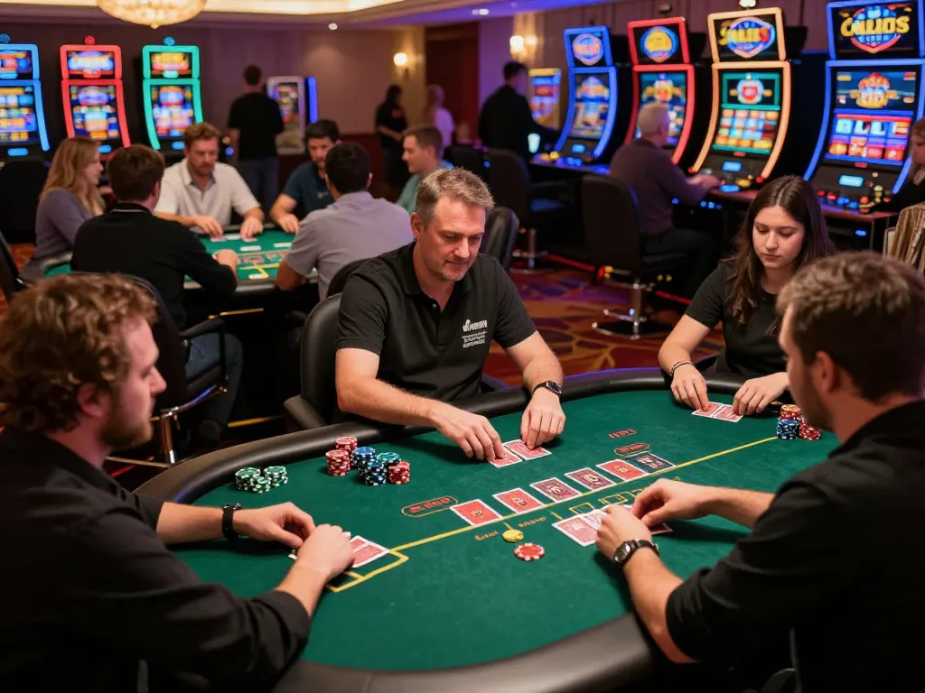 Players engaging in an exciting game of poker at ALO8 casino with vibrant ambiance and focused gameplay.