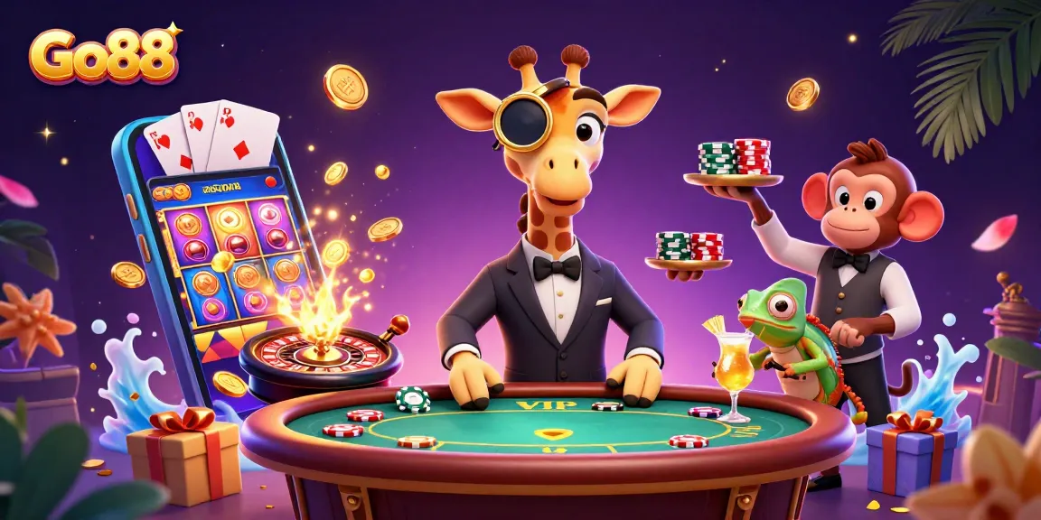 Experience thrilling wins with Go88 as a high-roller giraffe plays poker amidst lively games and golden surprises.