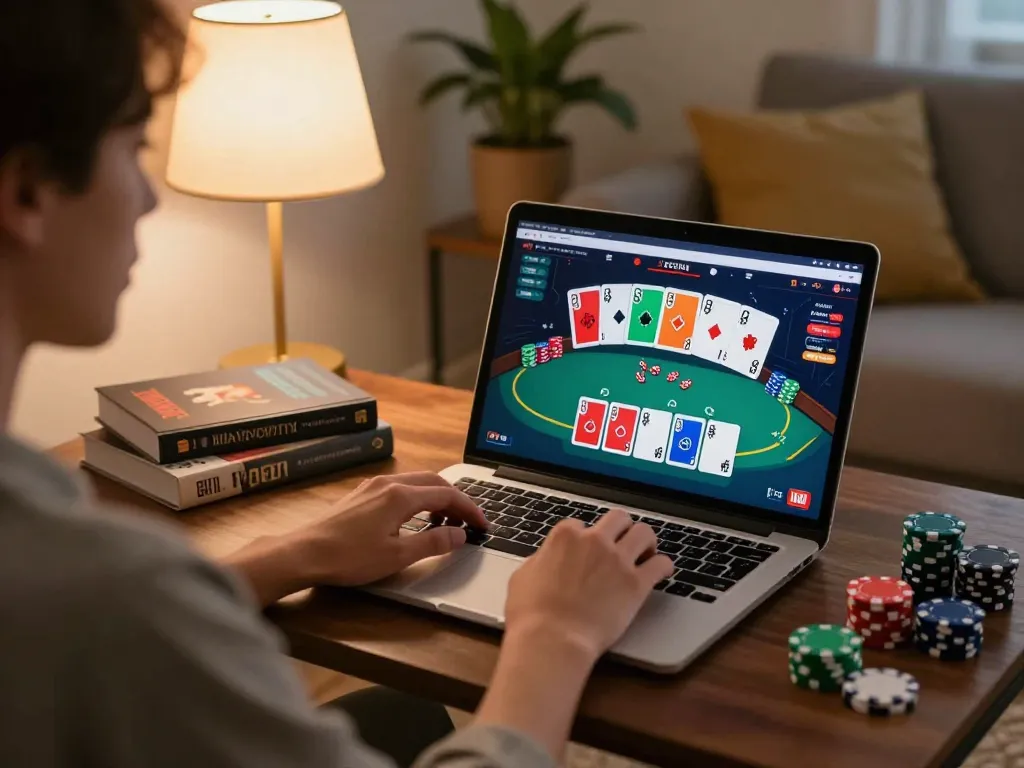 Person engaging in online gaming at home with BL555 poker interface and strategy notes visible.