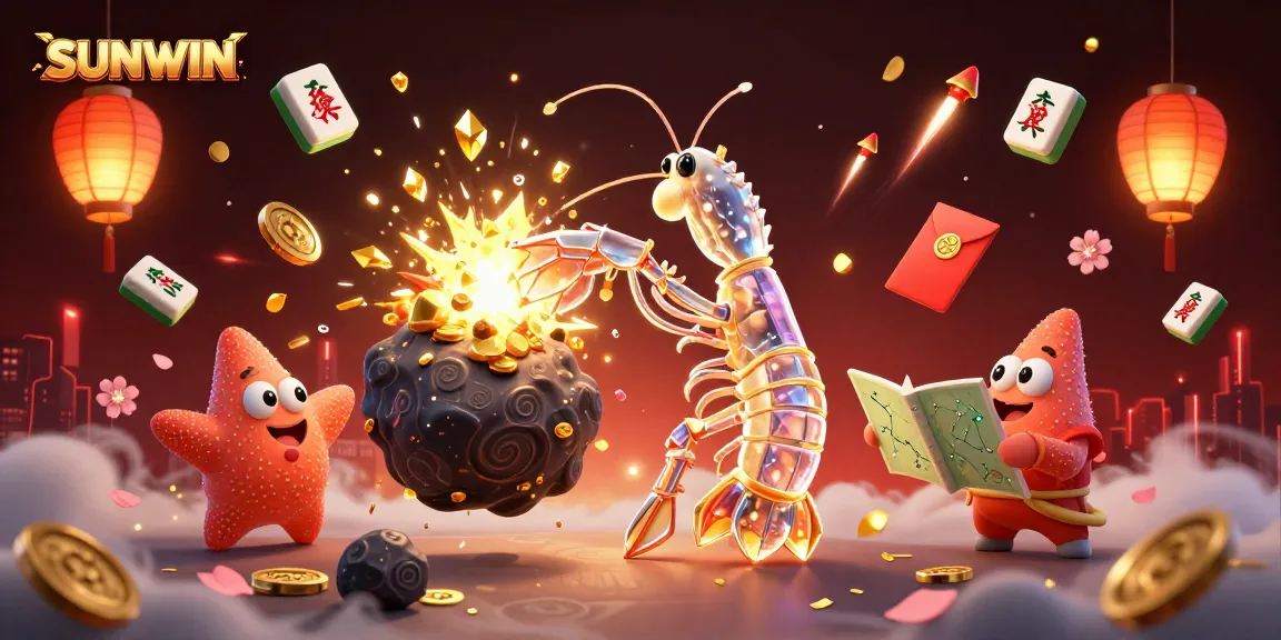SUNWIN gaming scene with a galactic samurai mantis shrimp and starfish, celebrating jackpots and treasures