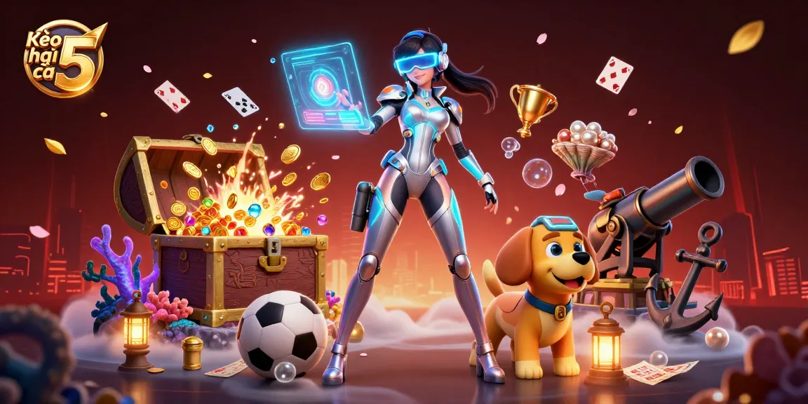 Kèo nhà cái 5 showcases a dynamic scene of sports betting with unique characters and vibrant gambling elements.