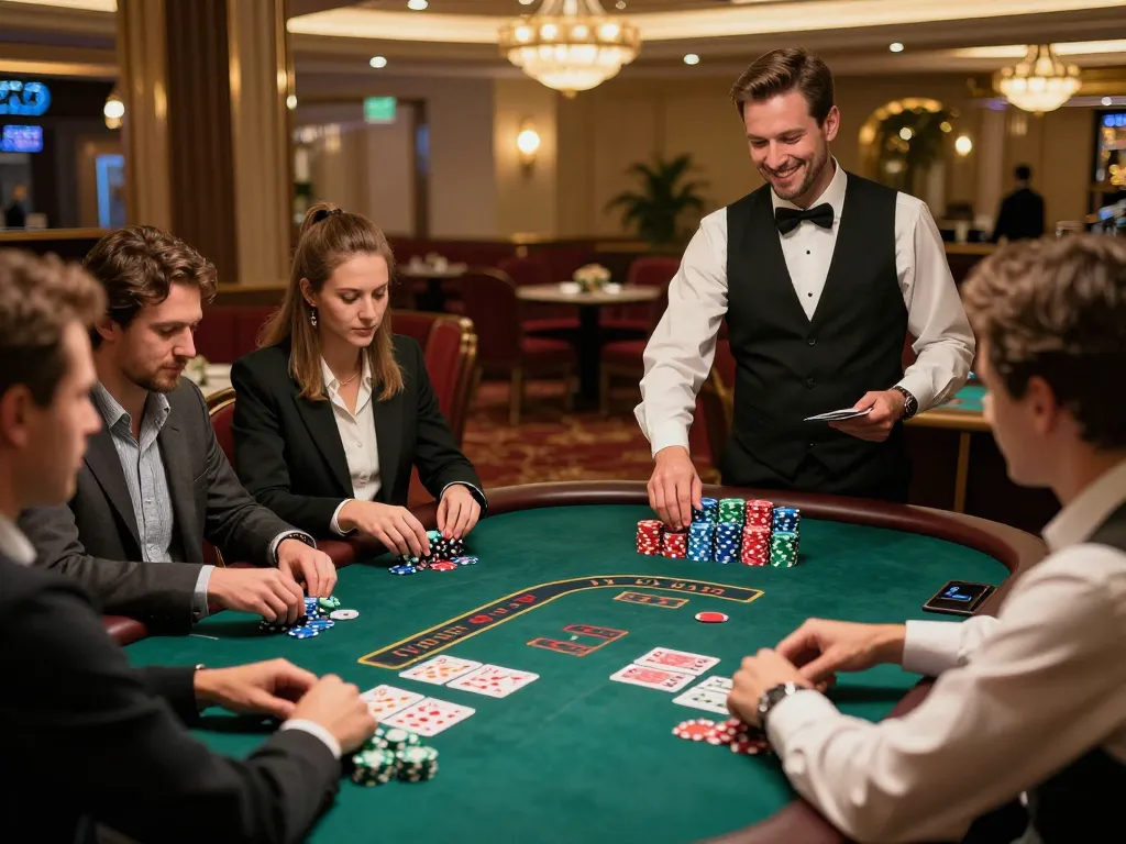 BL555 players winning at a blackjack table in an upscale casino setting, showcasing strategy and excitement.