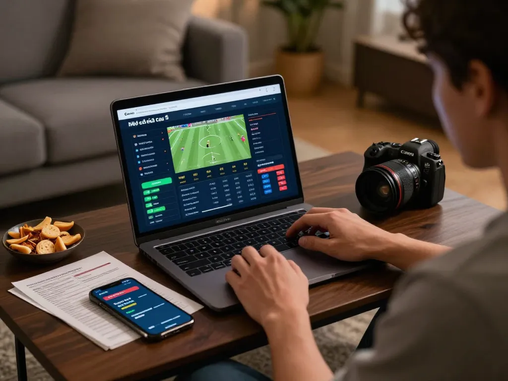 Engaging scene of kèo nhà cái 5 betting analysis with live updates on a laptop and a relaxed setting.