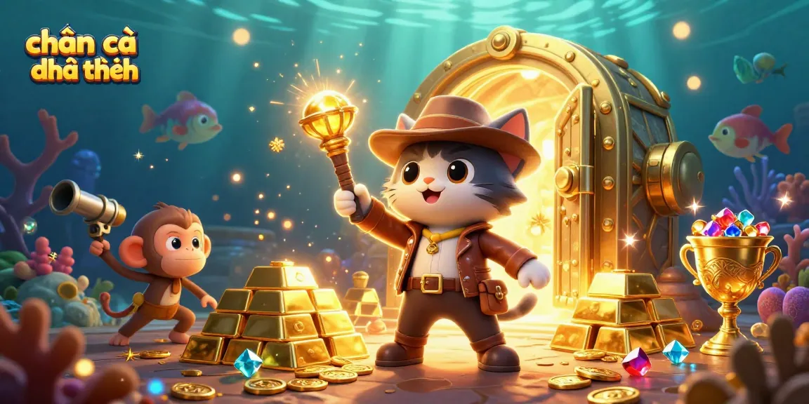Engage in chơi bắn cá đổi thưởng with vibrant underwater adventures featuring a treasure-seeking cat and coral monsters.