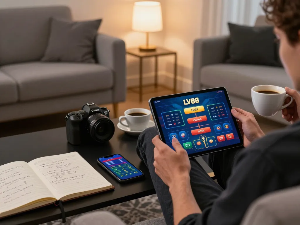 Engaging with LV88 casino app on a tablet during a cozy home gaming session.