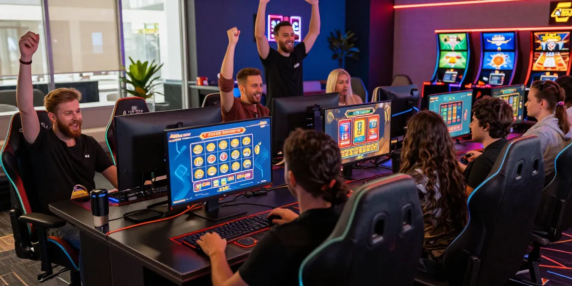 Excited players enjoying online gaming at credit card casinos with vibrant visuals and modern setup