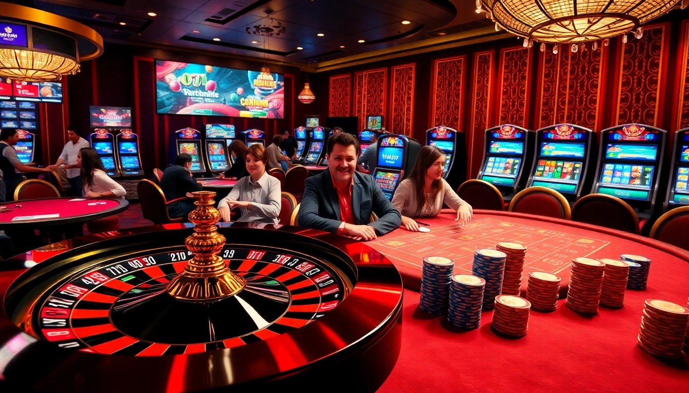 Engage in thrilling gambling at https://kk55.nl/ with a vibrant casino scene showcasing roulette, poker, and slot machines.